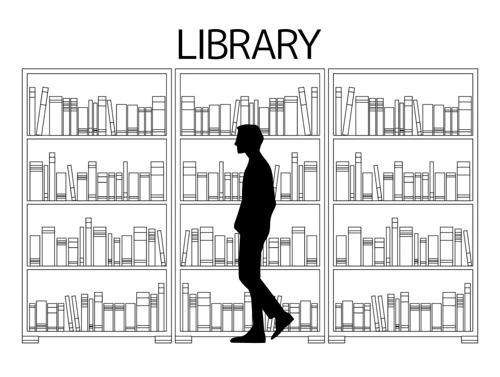 図書館の本棚と、その前を歩く人間のシルエット