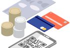 現金・クレジットカード、QRコードの決済手段を並べたイラスト