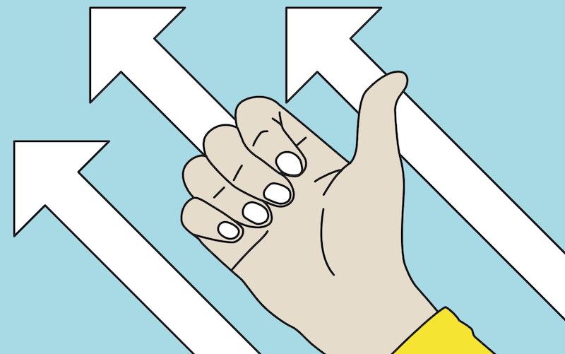 親指を立ててOKな意味をハンドサインで示している右手と左斜め上に上昇していく三本の矢印
