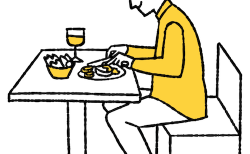 ナイフとフォークで食事をする男性のテーブルを真横から見たアングル