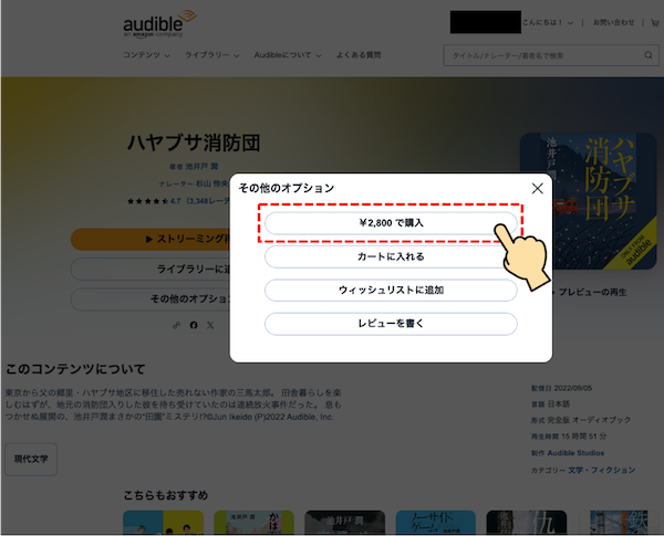 Audible公式サイト「ハヤブサ消防団」購入画面