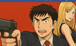 ヒットマンと女性のイラストに「漫画今日からヒットマンがつまらなそうで面白い理由」のテキストが配置されている